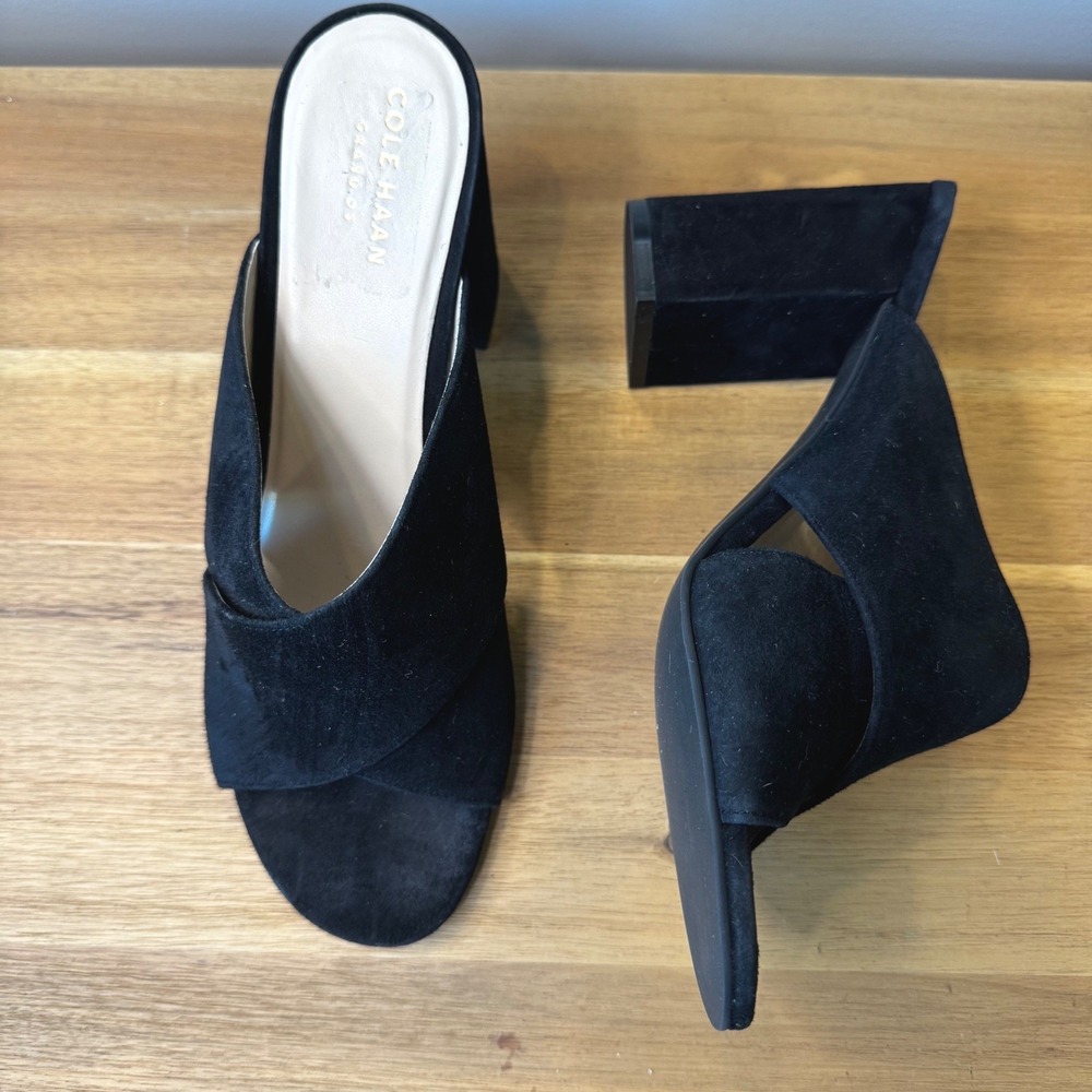 Cole Haan Grand.OS Women 8.5 Black Suede Block Heel Mule Sandal W08738 Open‎ Toe